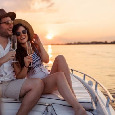 Couple in love enjoying summer vacation, hugging and drinking champagne while sailing to the sunset on a boat